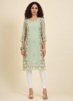 Georgette Mint Festival Wear Lucknowi Chikankari Work Readymade Kurti